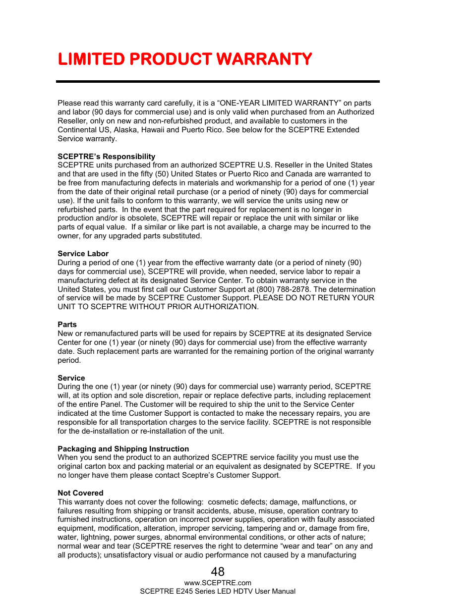 Limited product warranty | Sceptre E245WV-FHDR User Manual | Page 48 / 51