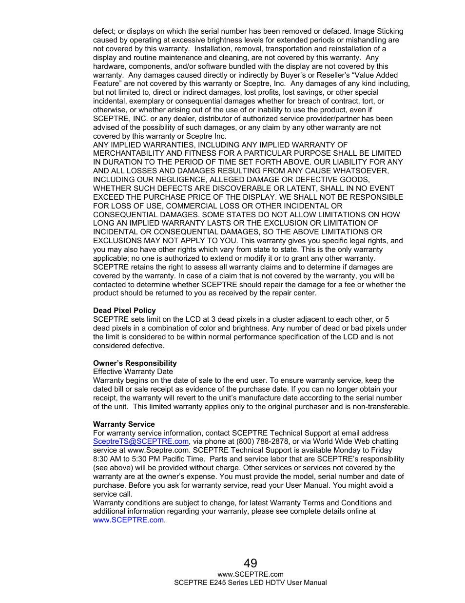 Sceptre E245WV-FHDR User Manual | Page 49 / 51