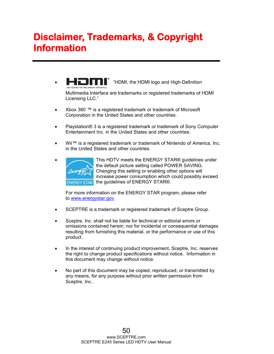 Disclaimer, trademarks, & copyright information | Sceptre E245WV-FHDR User Manual | Page 50 / 51