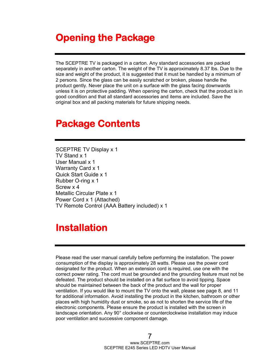 Opening the package, Package contents, Installation | Sceptre E245WV-FHDR User Manual | Page 7 / 51