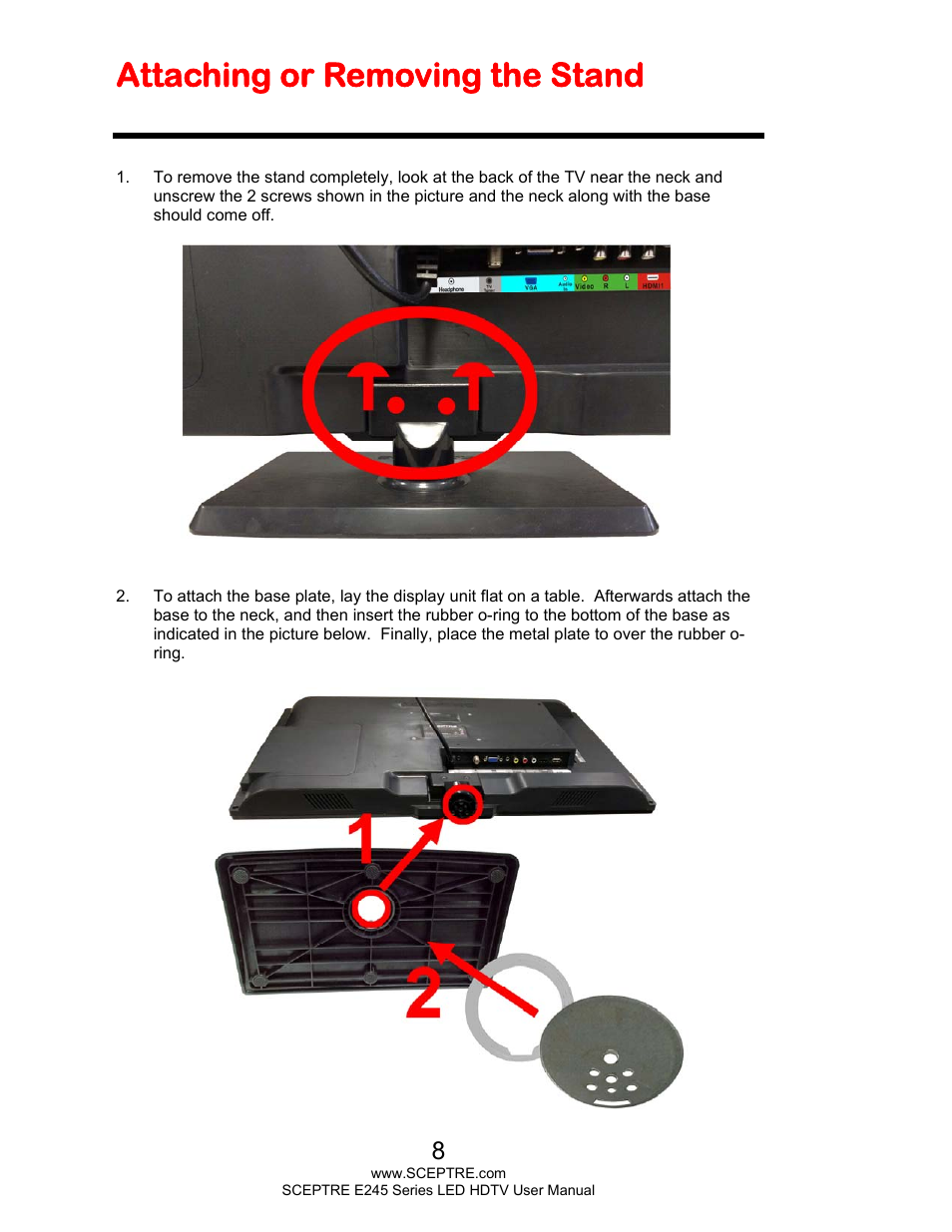 Attaching or removing the stand | Sceptre E245WV-FHDR User Manual | Page 8 / 51