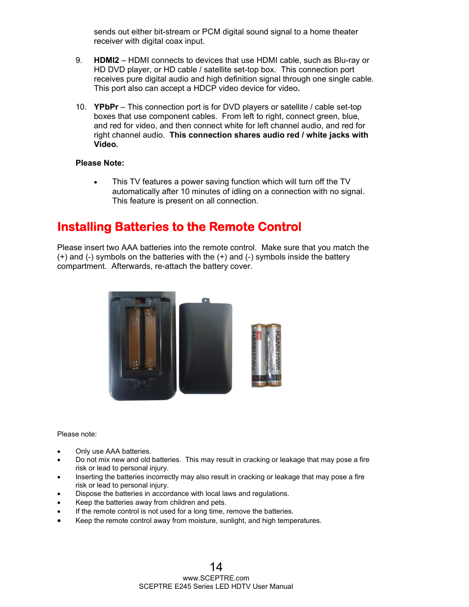 Installing batteries to the remote control | Sceptre E245PD-FHDR User Manual | Page 14 / 58