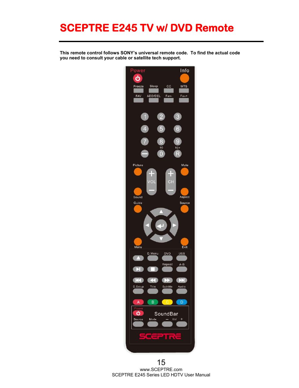 Sceptre e245 tv w/ dvd remote | Sceptre E245PD-FHDR User Manual | Page 15 / 58