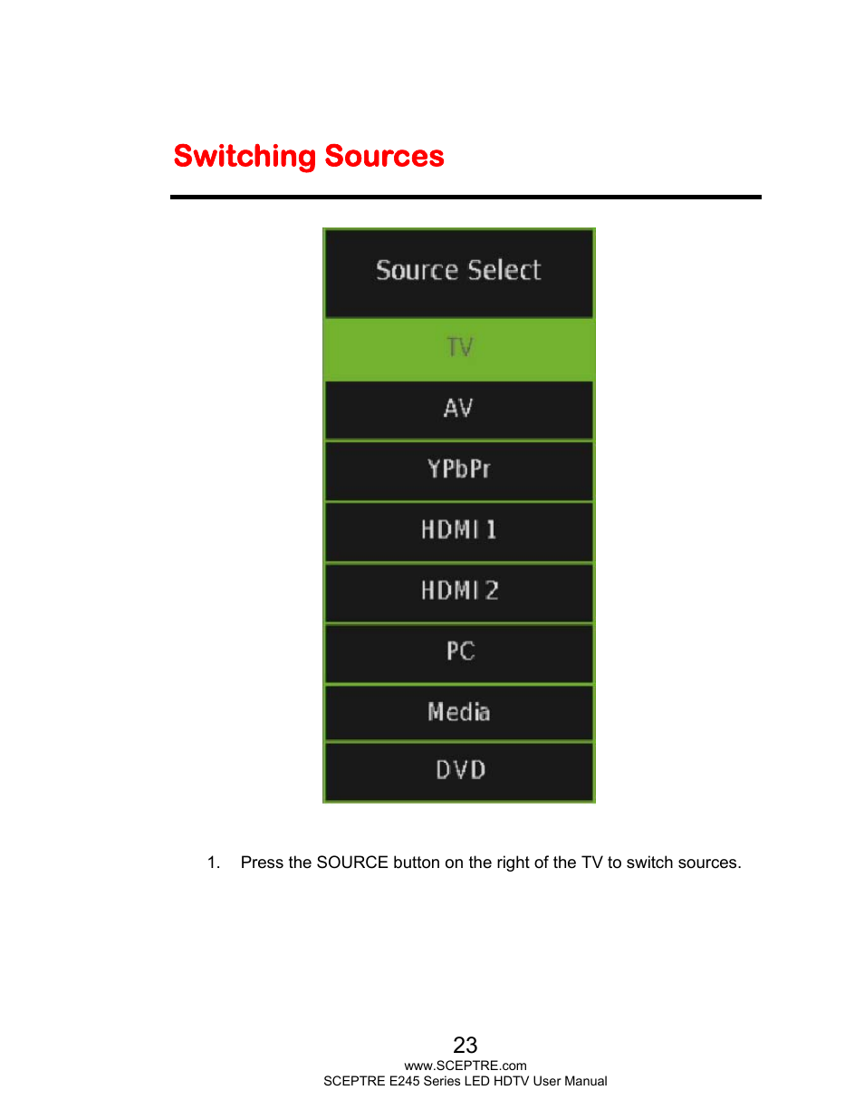 Switching sources | Sceptre E245PD-FHDR User Manual | Page 23 / 58