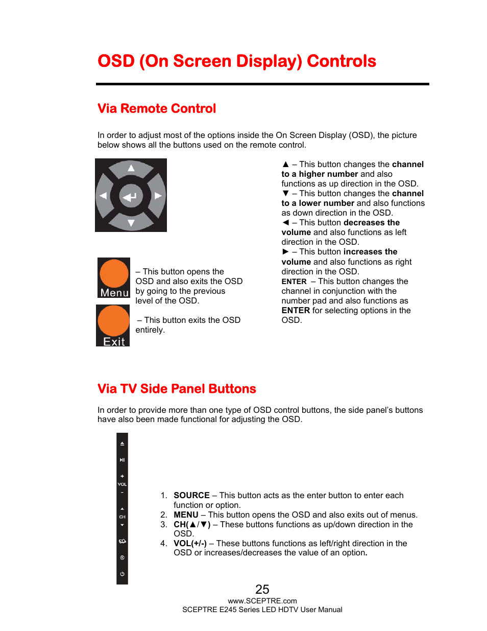Osd (on screen display) controls, Via remote control, Via tv side panel buttons | Sceptre E245PD-FHDR User Manual | Page 25 / 58
