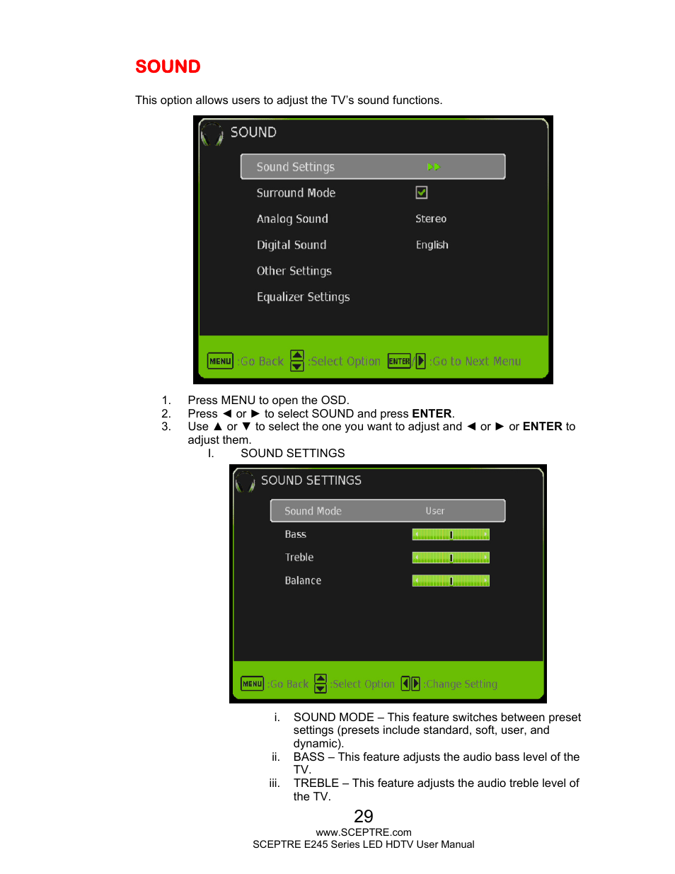 Sound | Sceptre E245PD-FHDR User Manual | Page 29 / 58