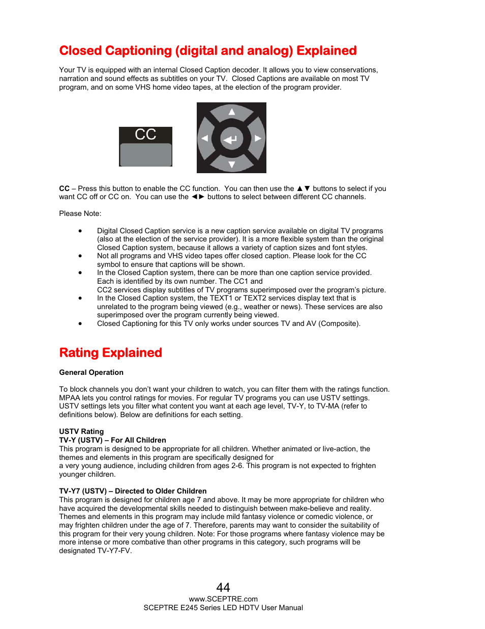 Closed captioning (digital and analog) explained, Rating explained | Sceptre E245PD-FHDR User Manual | Page 44 / 58