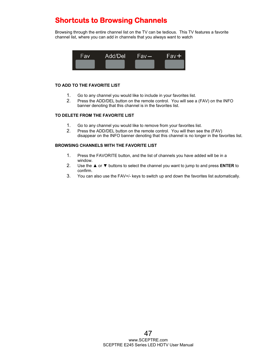 Shortcuts to browsing channels | Sceptre E245PD-FHDR User Manual | Page 47 / 58