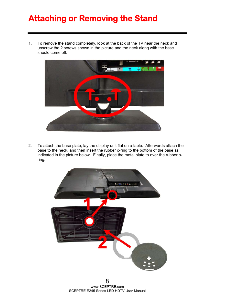 Attaching or removing the stand | Sceptre E245PD-FHDR User Manual | Page 8 / 58