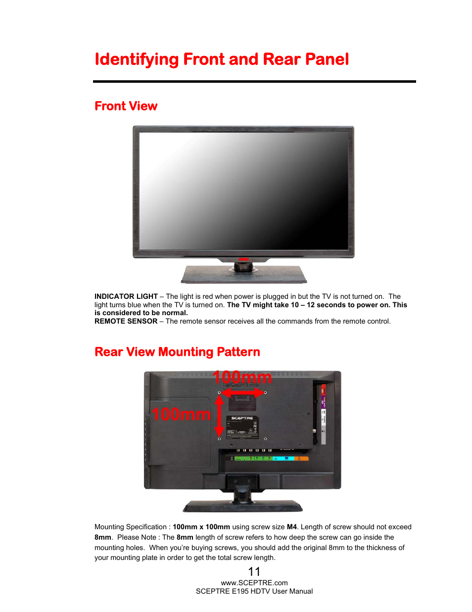 Identifying front and rear panel, Front view, Rear view mounting pattern | Sceptre E195BD-SMQR User Manual | Page 11 / 65