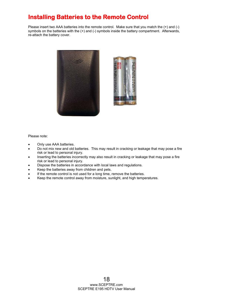 Installing batteries to the remote control | Sceptre E195BD-SMQR User Manual | Page 18 / 65