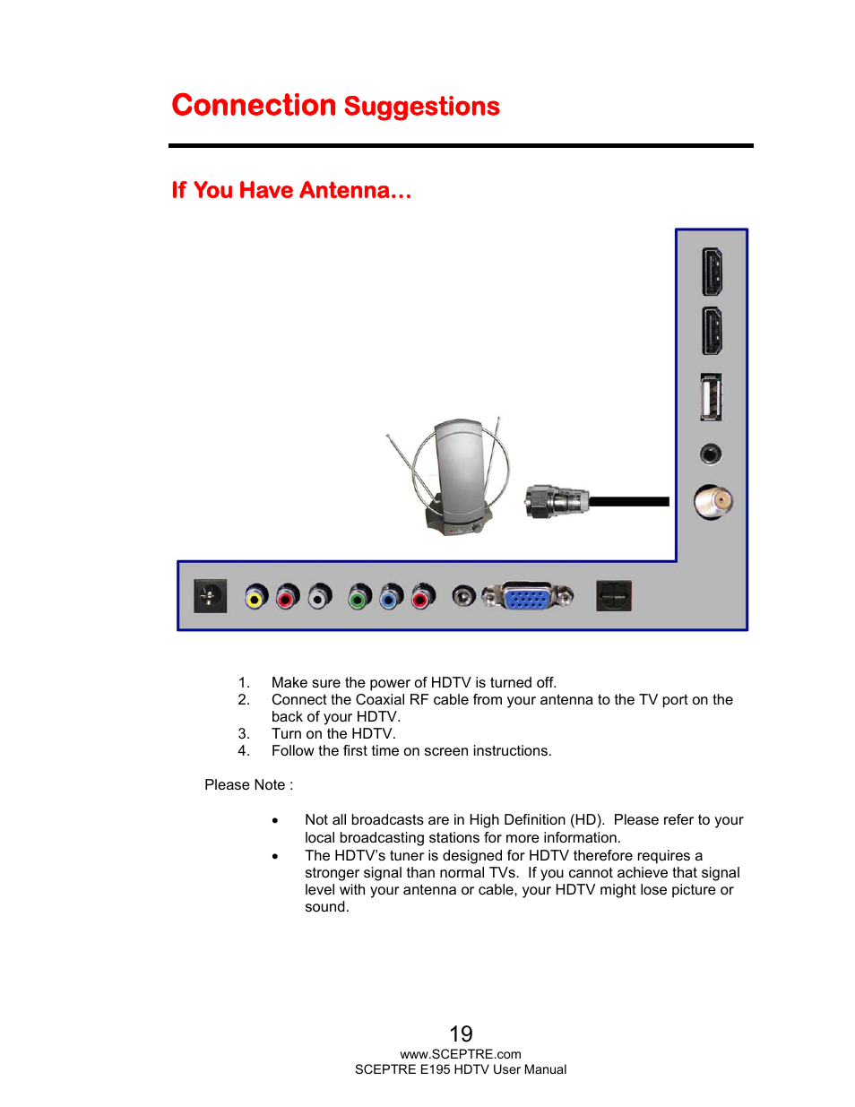 Connection, Suggestions, If you have antenna | Sceptre E195BD-SMQR User Manual | Page 19 / 65