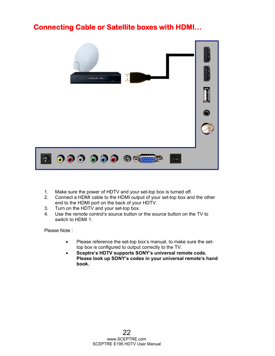 Connecting cable or satellite boxes with hdmi | Sceptre E195BD-SMQR User Manual | Page 22 / 65