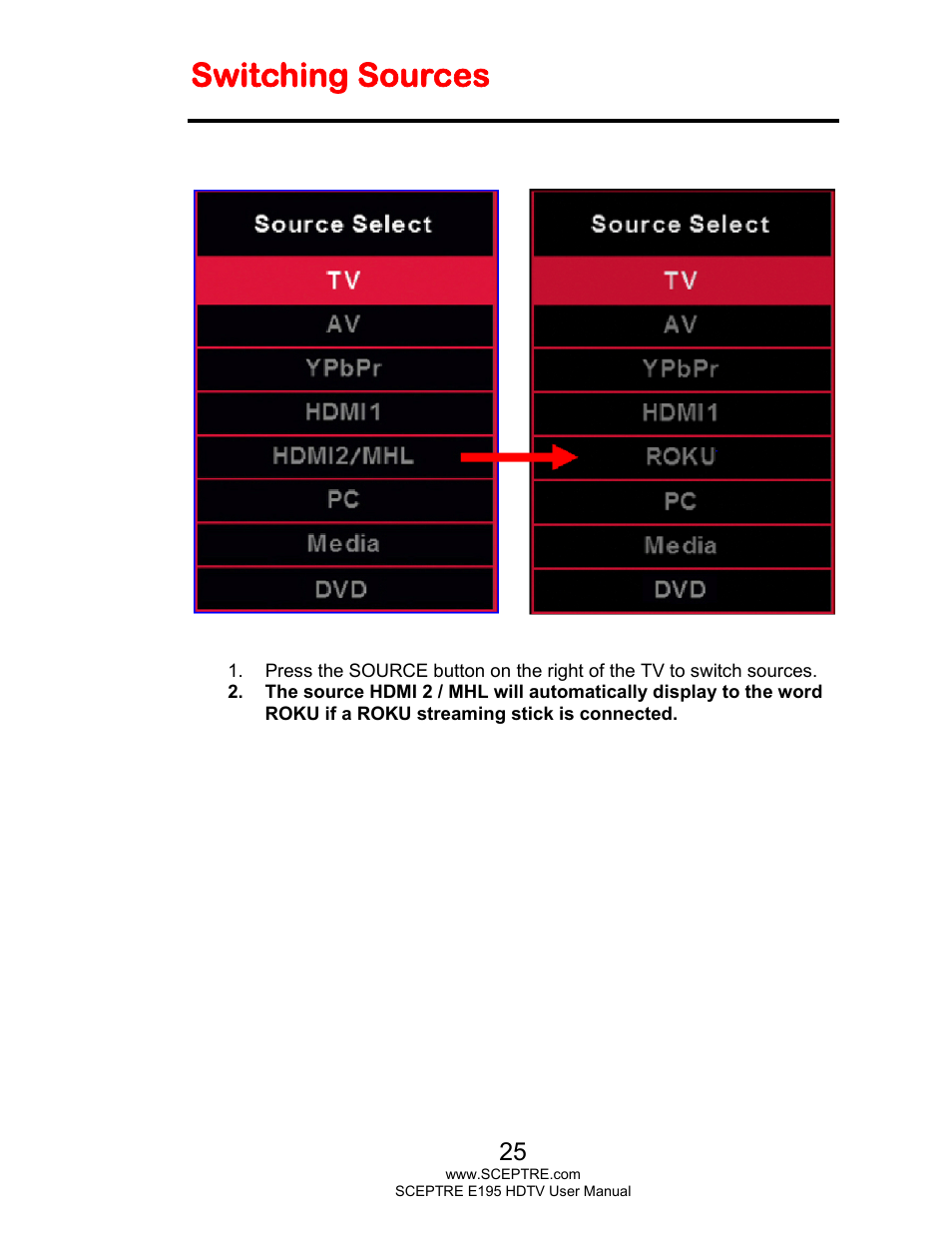 Switching sources | Sceptre E195BD-SMQR User Manual | Page 25 / 65
