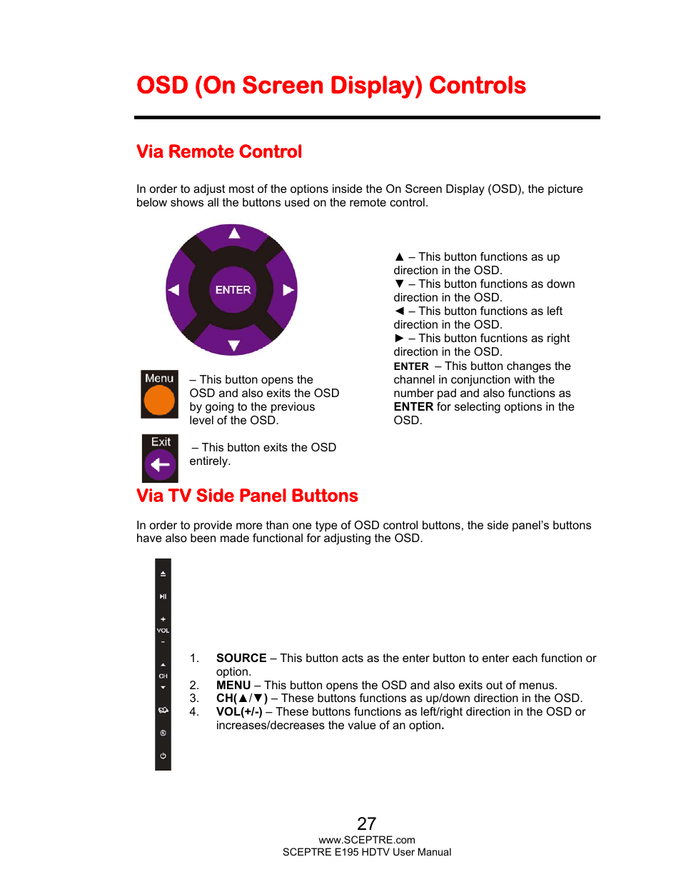 Osd (on screen display) controls, Via remote control, Via tv side panel buttons | Sceptre E195BD-SMQR User Manual | Page 27 / 65