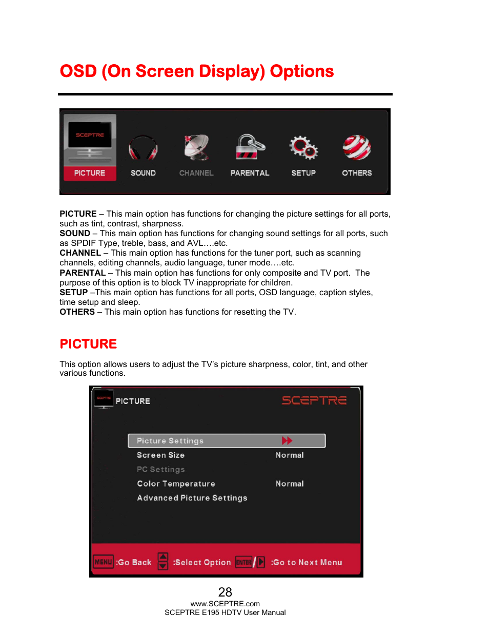 Osd (on screen display) options, Picture | Sceptre E195BD-SMQR User Manual | Page 28 / 65