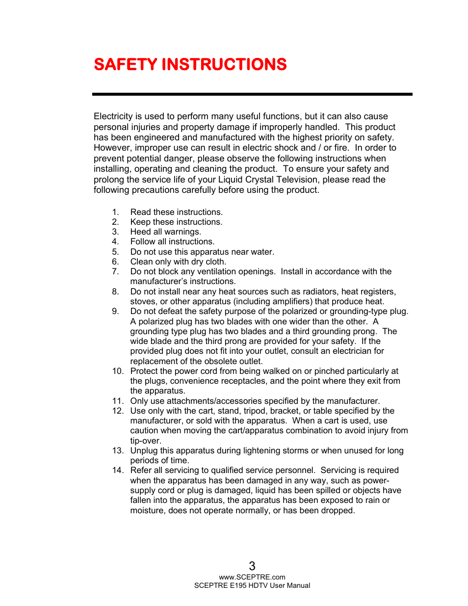 Safety instructions | Sceptre E195BD-SMQR User Manual | Page 3 / 65