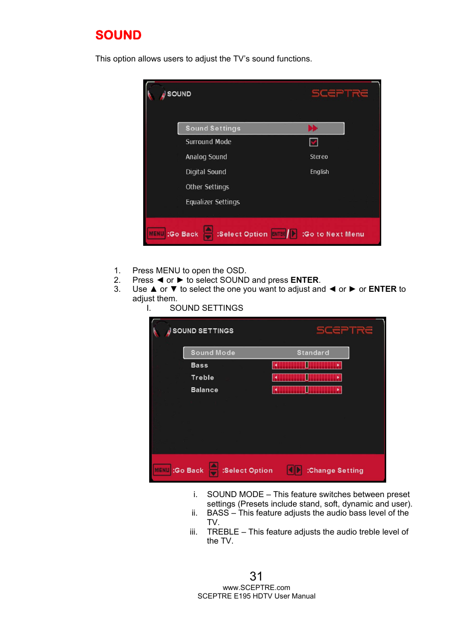 Sound | Sceptre E195BD-SMQR User Manual | Page 31 / 65