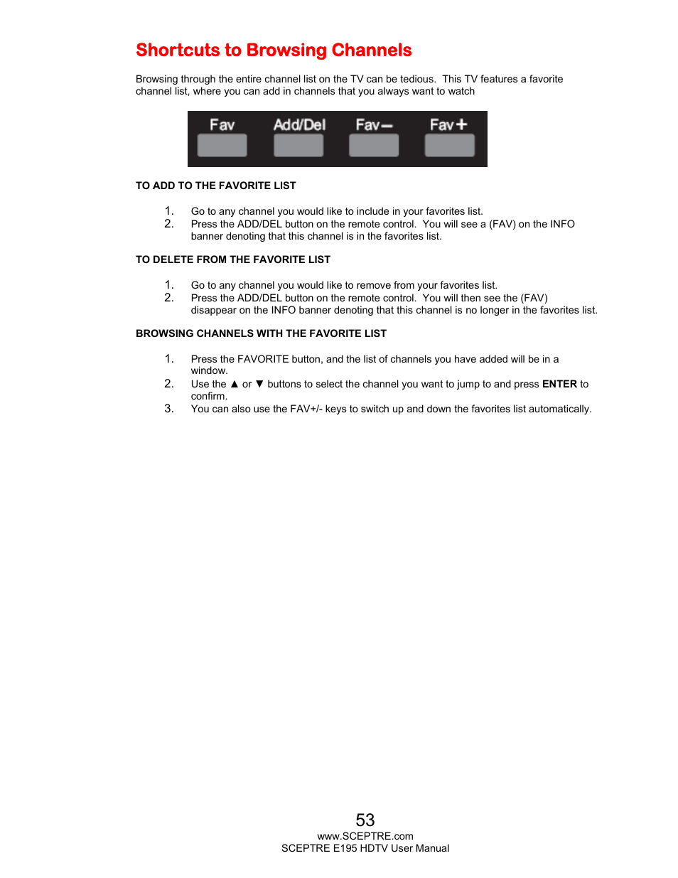 Shortcuts to browsing channels | Sceptre E195BD-SMQR User Manual | Page 53 / 65