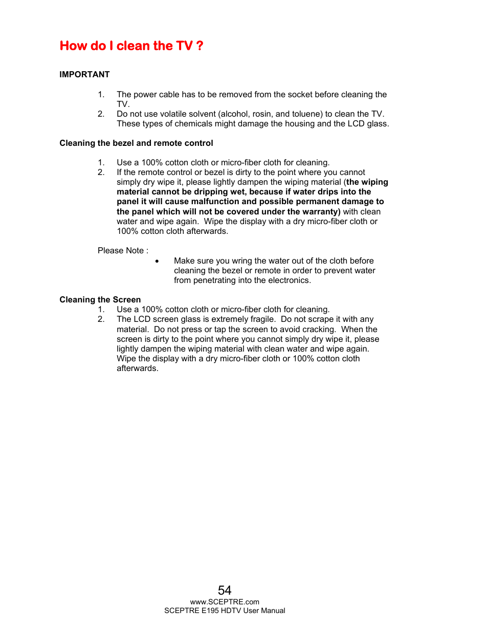 How do i clean the tv | Sceptre E195BD-SMQR User Manual | Page 54 / 65