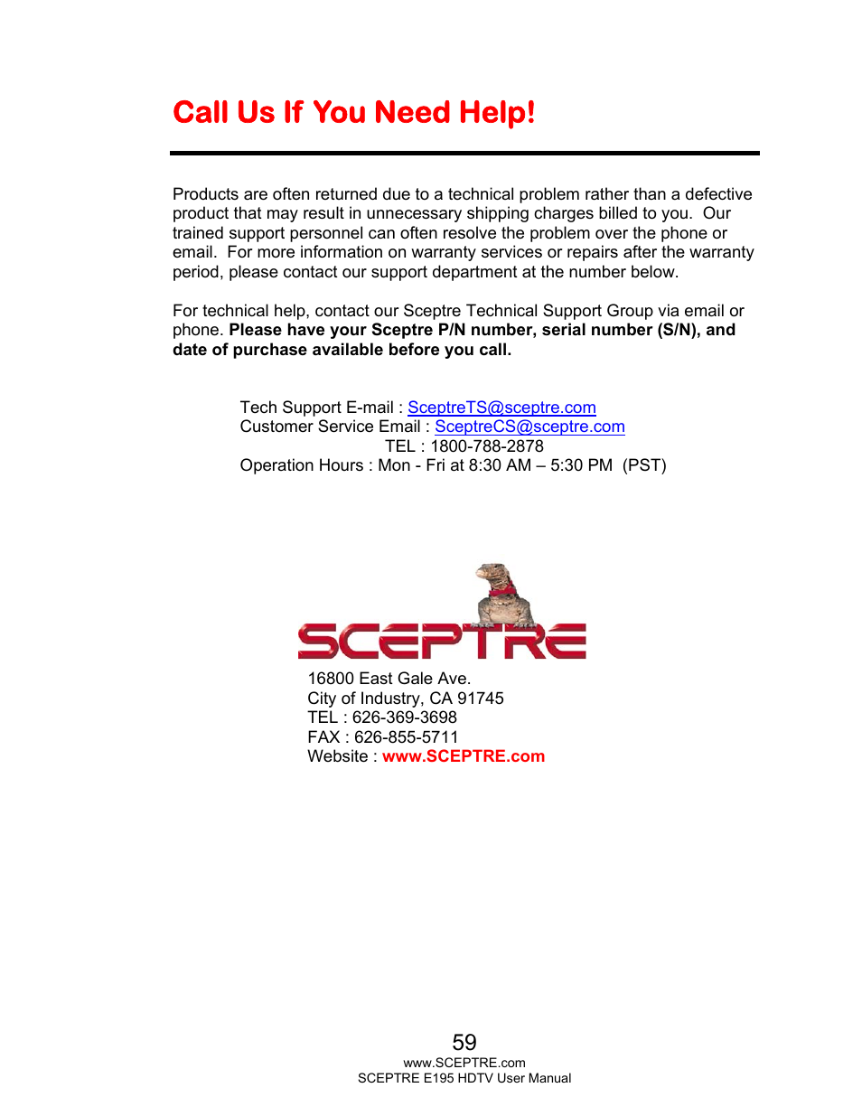 Call us if you need help | Sceptre E195BD-SMQR User Manual | Page 59 / 65