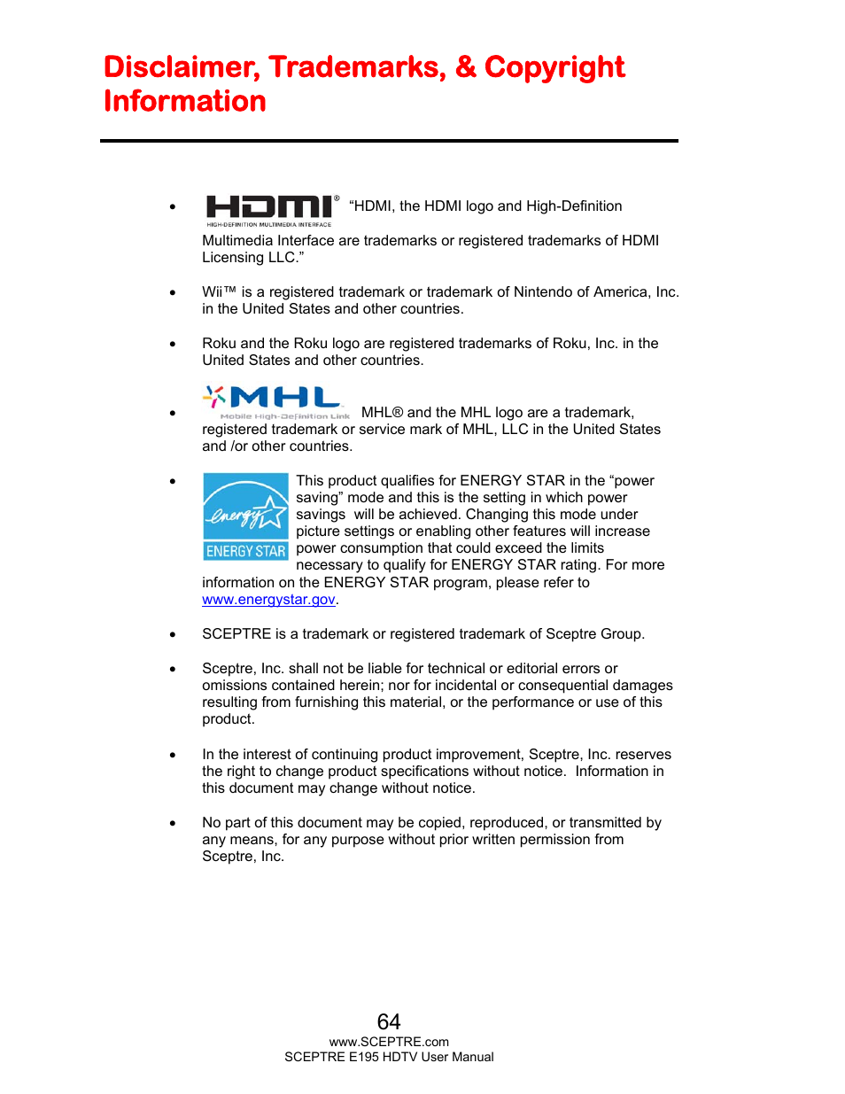 Disclaimer, trademarks, & copyright information | Sceptre E195BD-SMQR User Manual | Page 64 / 65