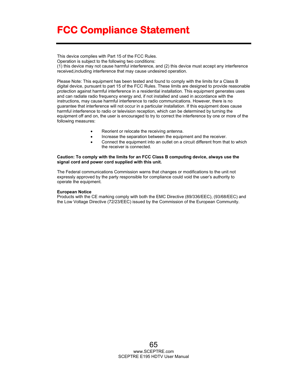 Fcc compliance statement | Sceptre E195BD-SMQR User Manual | Page 65 / 65