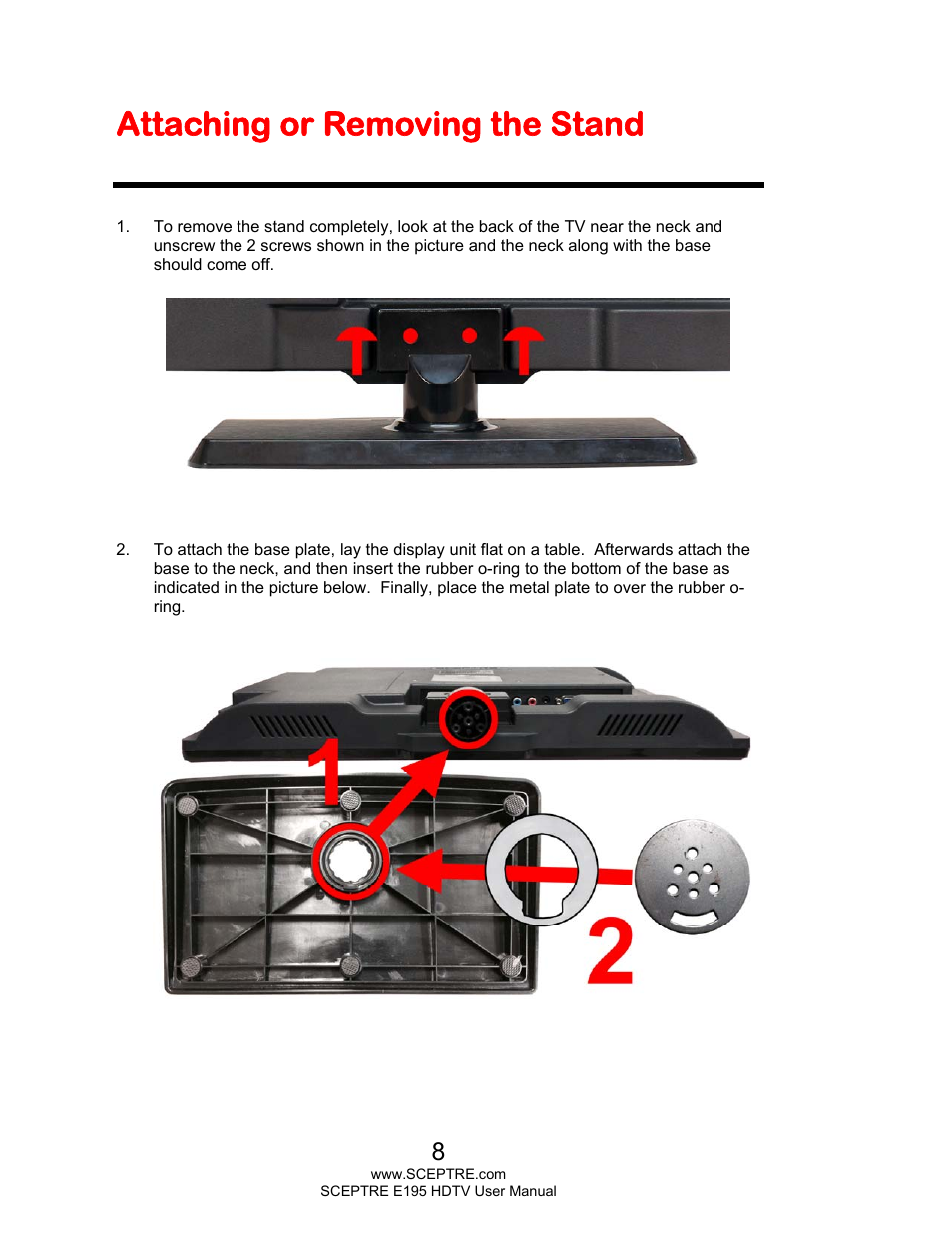 Attaching or removing the stand | Sceptre E195BD-SMQR User Manual | Page 8 / 65