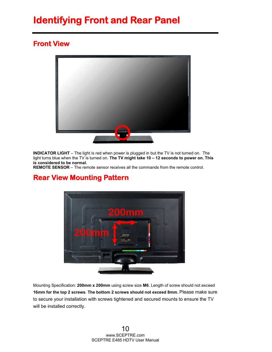 Identifying front and rear panel, Front view, Rear view mounting pattern | Sceptre E485BV-FMQR User Manual | Page 10 / 58