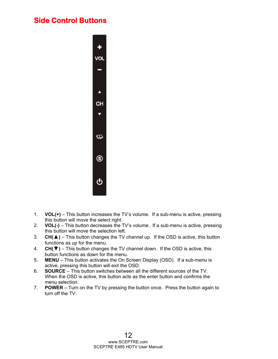 Side control buttons | Sceptre E485BV-FMQR User Manual | Page 12 / 58