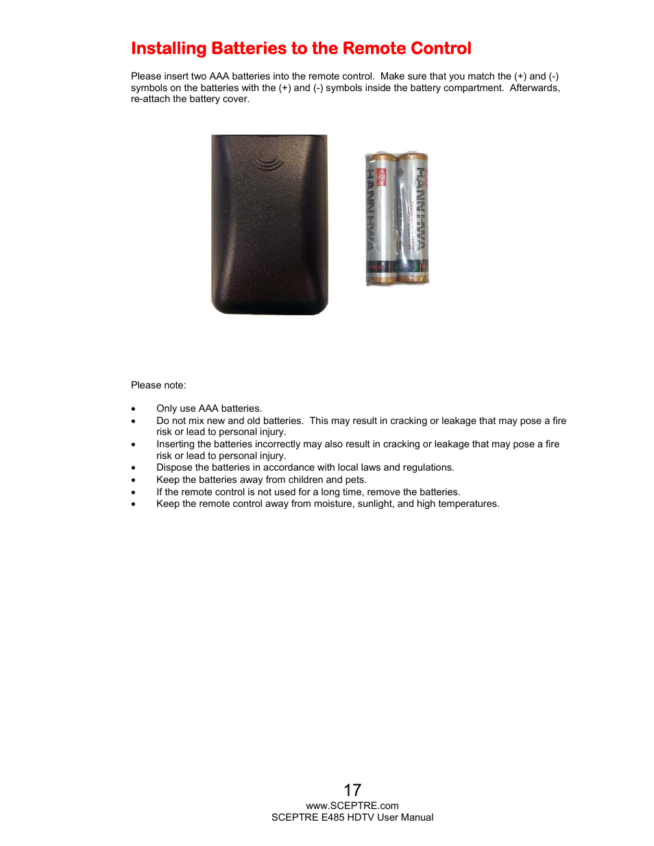 Installing batteries to the remote control | Sceptre E485BV-FMQR User Manual | Page 17 / 58