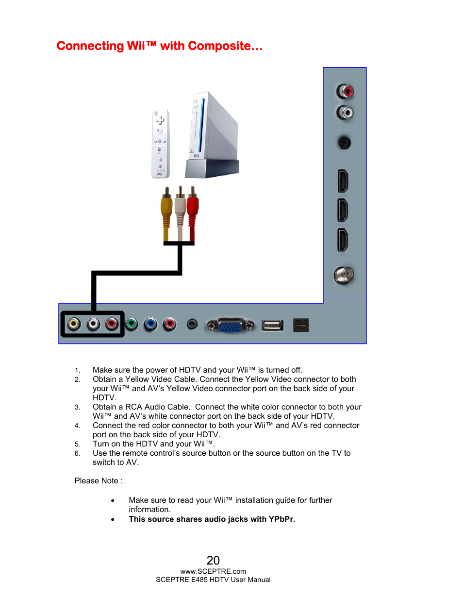 Connecting wii™ with composite | Sceptre E485BV-FMQR User Manual | Page 20 / 58