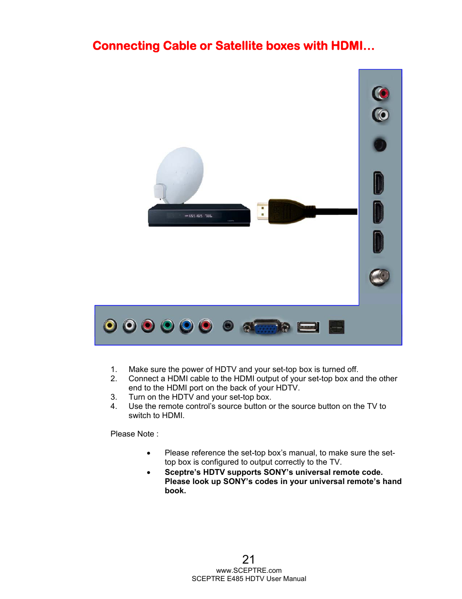 Connecting cable or satellite boxes with hdmi | Sceptre E485BV-FMQR User Manual | Page 21 / 58