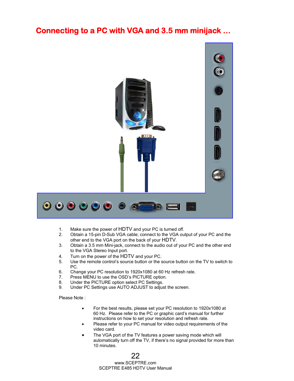 Connecting to a pc with vga and 3.5 mm minijack | Sceptre E485BV-FMQR User Manual | Page 22 / 58