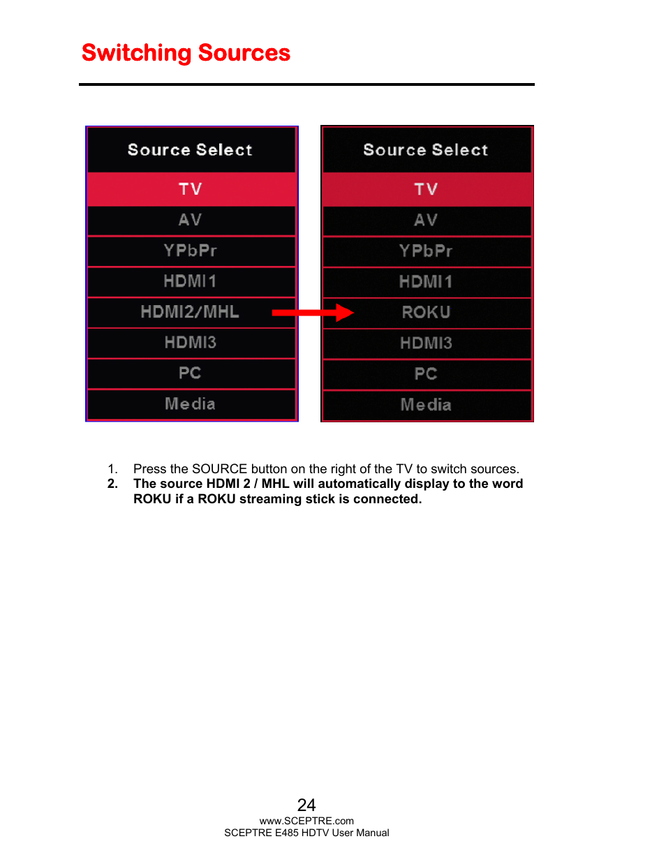 Switching sources | Sceptre E485BV-FMQR User Manual | Page 24 / 58