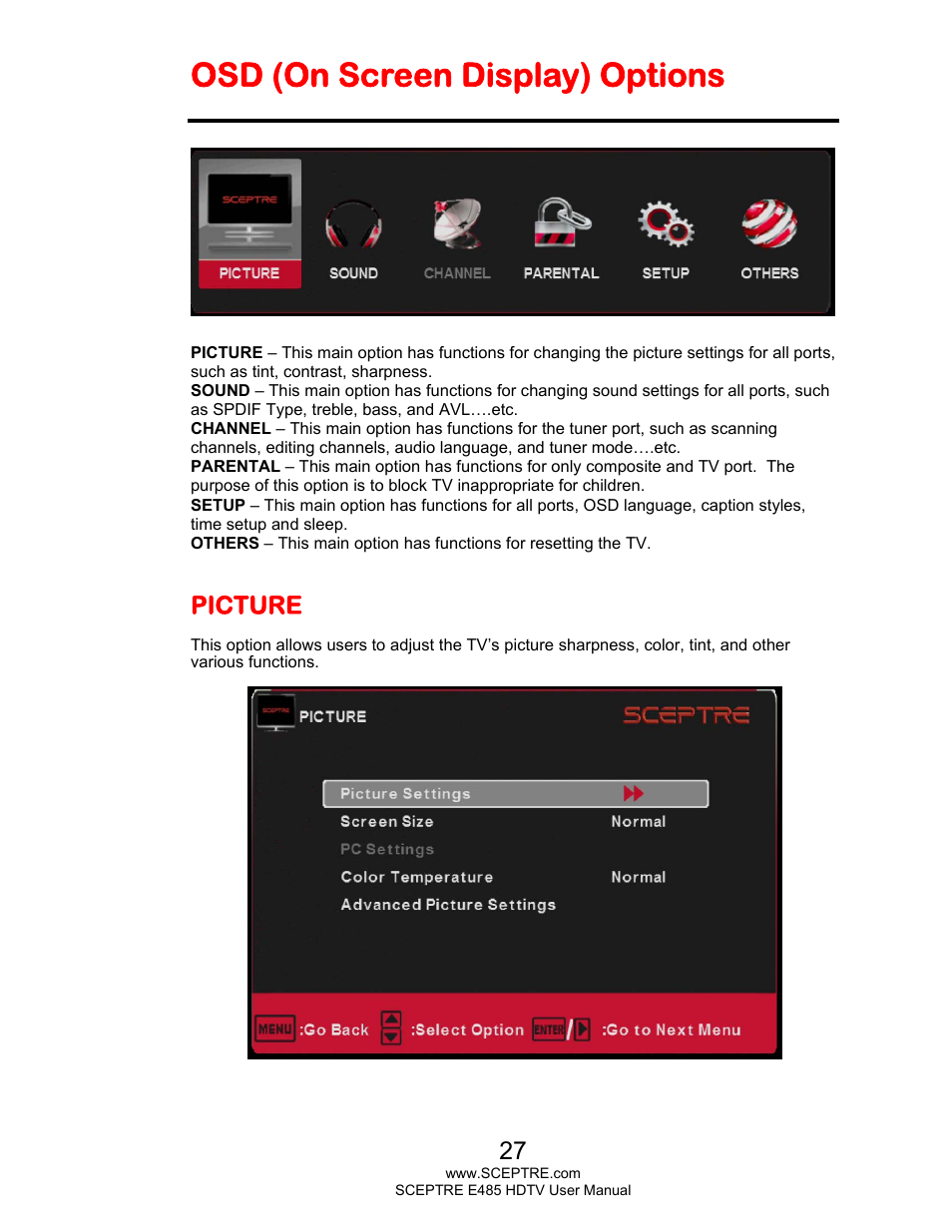 Osd (on screen display) options, Picture | Sceptre E485BV-FMQR User Manual | Page 27 / 58