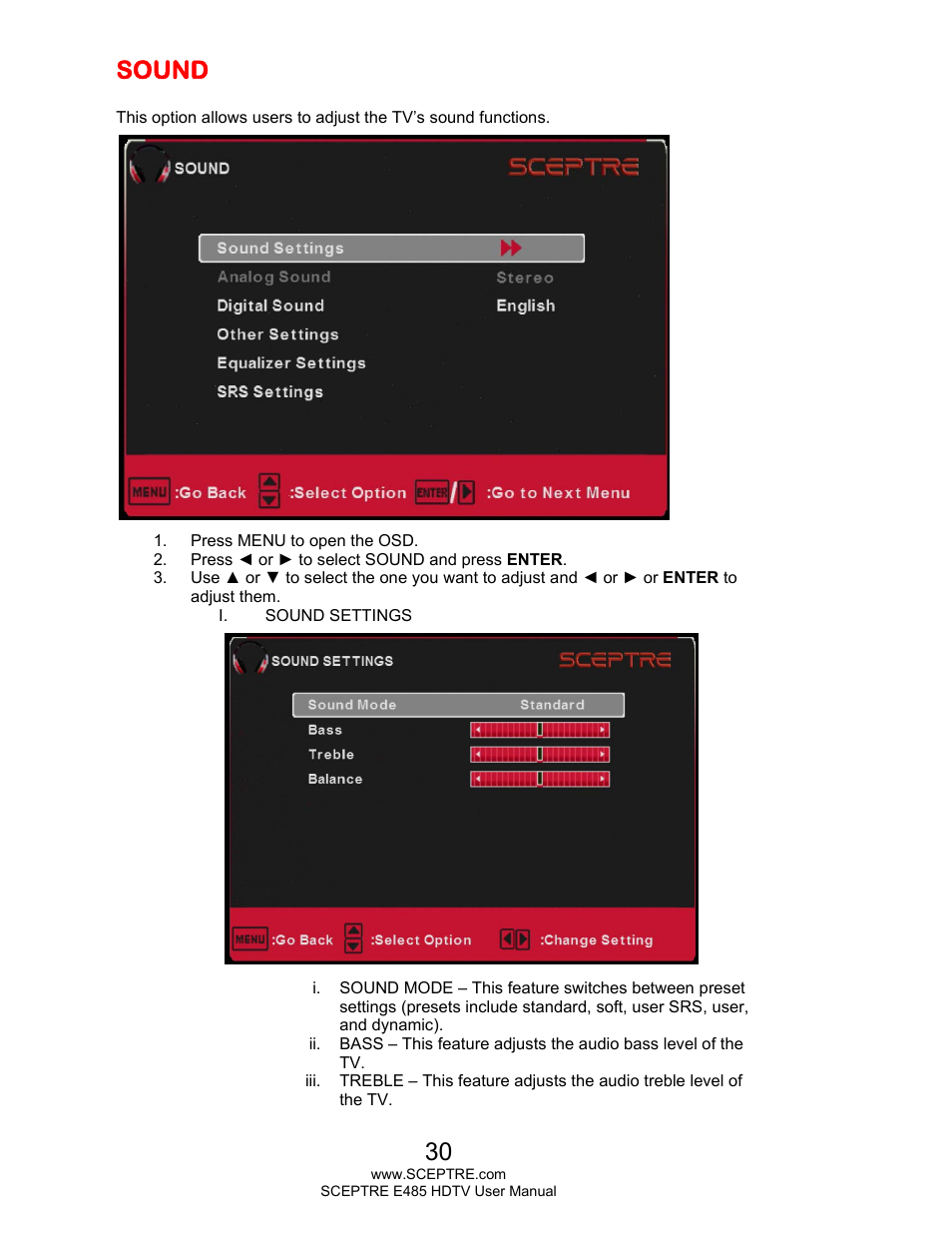 Sound | Sceptre E485BV-FMQR User Manual | Page 30 / 58