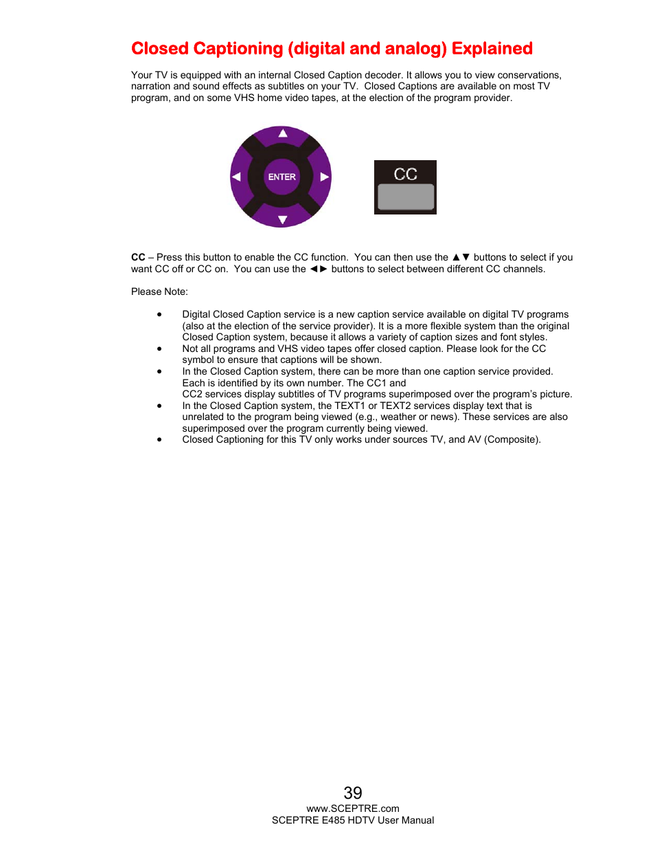 Closed captioning (digital and analog) explained | Sceptre E485BV-FMQR User Manual | Page 39 / 58