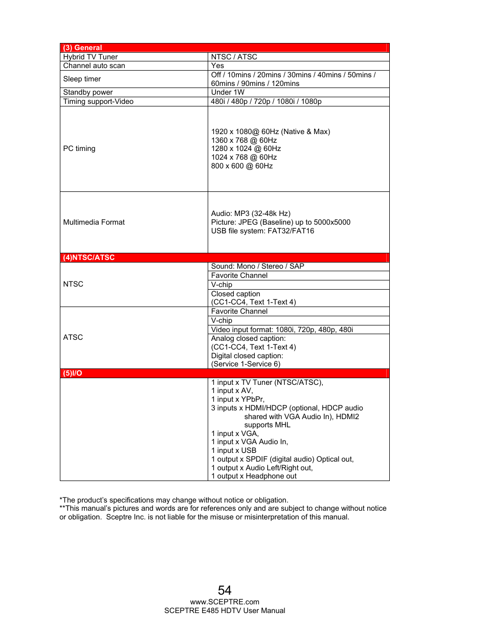 Sceptre E485BV-FMQR User Manual | Page 54 / 58