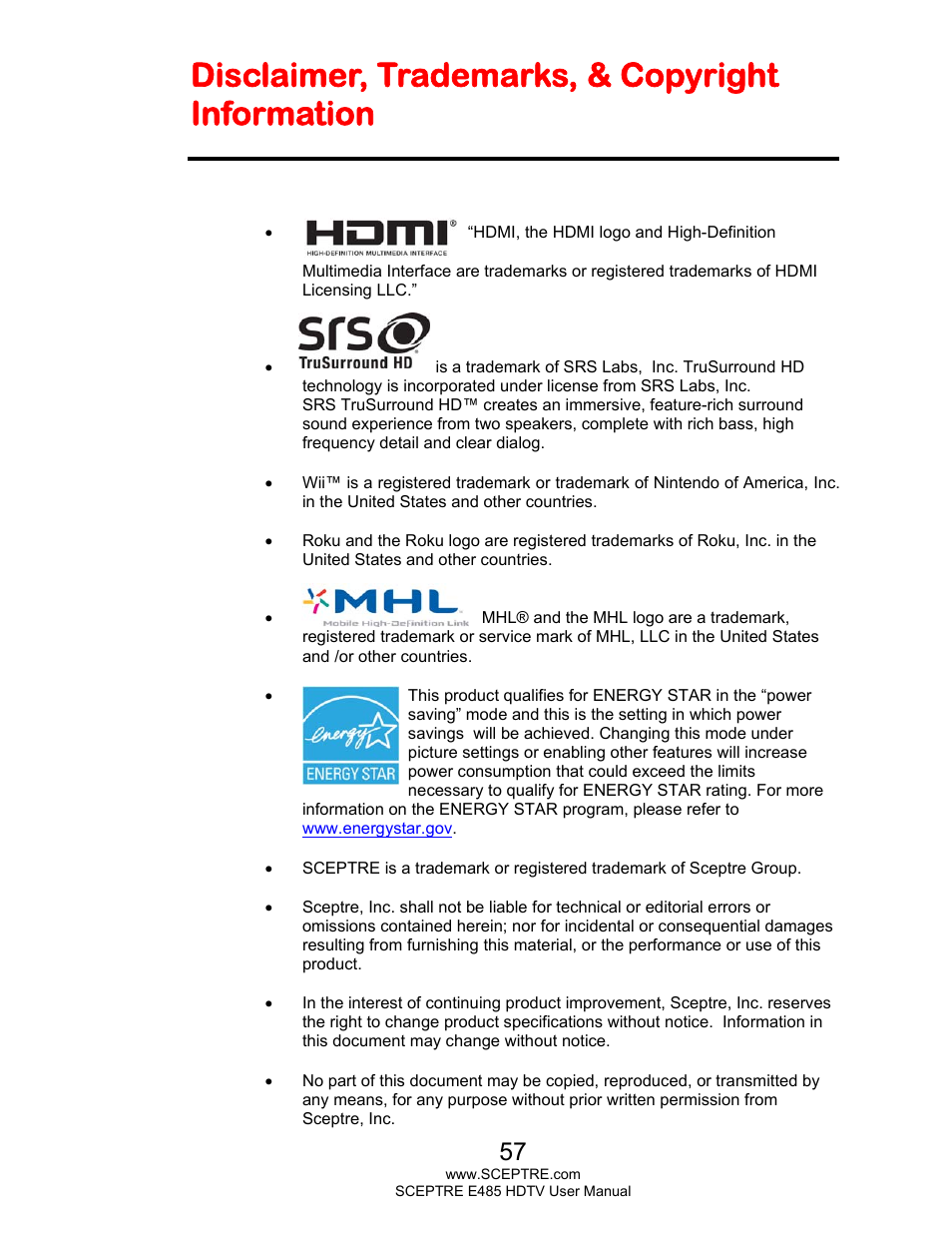 Disclaimer, trademarks, & copyright information | Sceptre E485BV-FMQR User Manual | Page 57 / 58