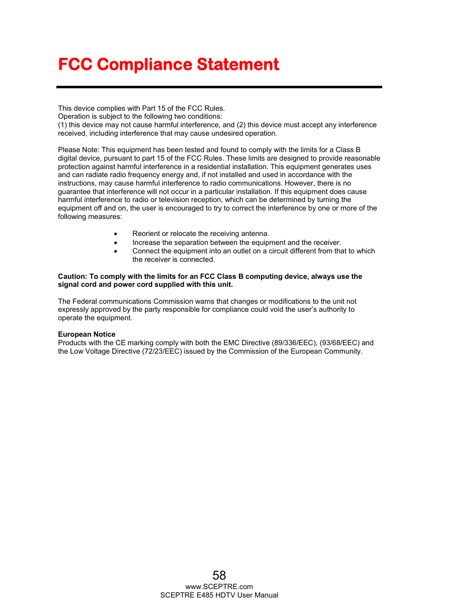 Fcc compliance statement | Sceptre E485BV-FMQR User Manual | Page 58 / 58