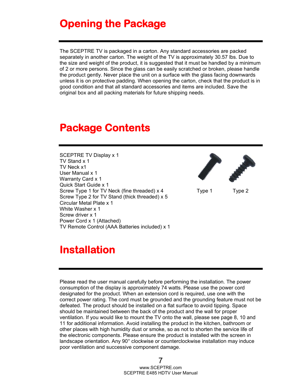 Opening the package, Package contents, Installation | Sceptre E485BV-FMQR User Manual | Page 7 / 58