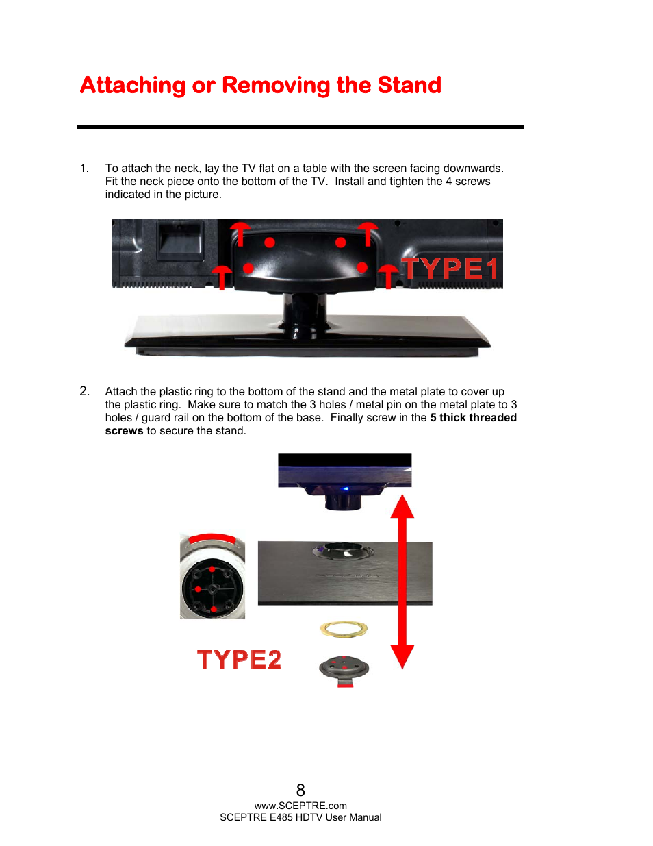 Attaching or removing the stand | Sceptre E485BV-FMQR User Manual | Page 8 / 58