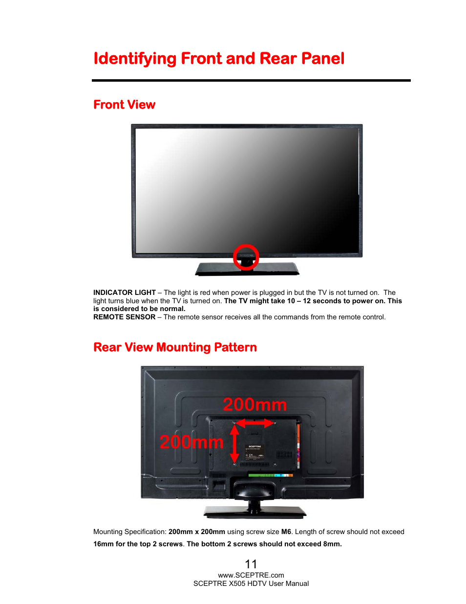 Identifying front and rear panel, Front view, Rear view mounting pattern | Sceptre E505BV-FMQR User Manual | Page 11 / 58