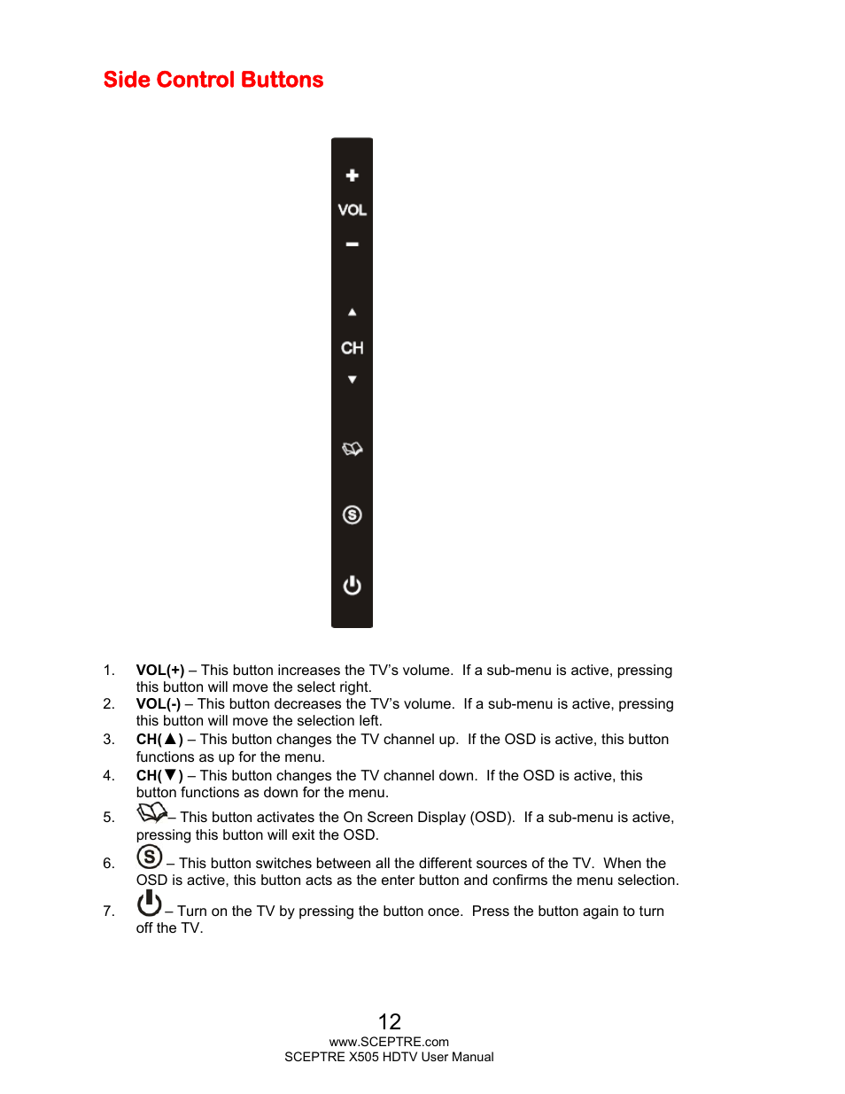Side control buttons | Sceptre E505BV-FMQR User Manual | Page 12 / 58