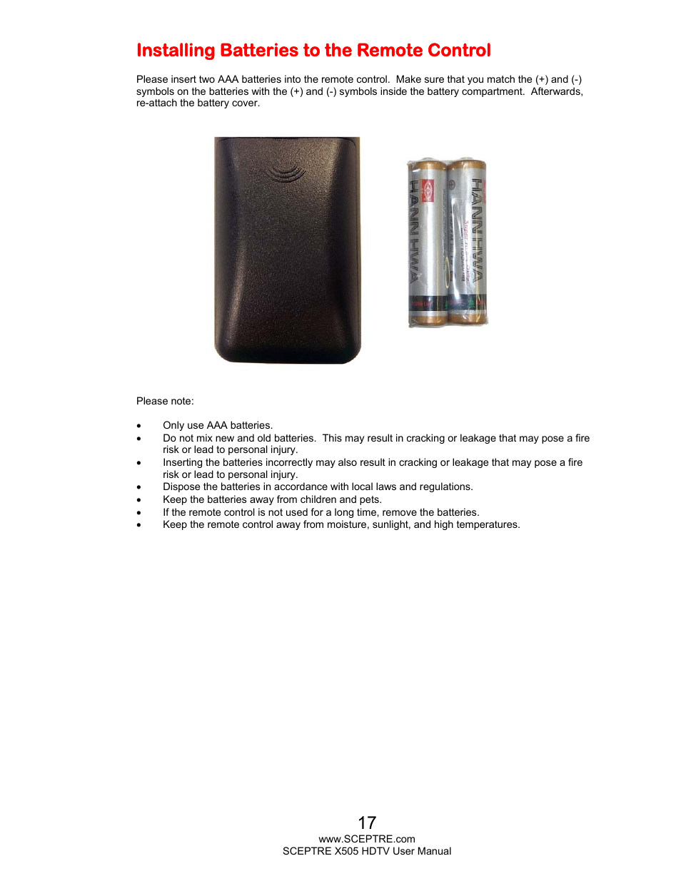 Installing batteries to the remote control | Sceptre E505BV-FMQR User Manual | Page 17 / 58