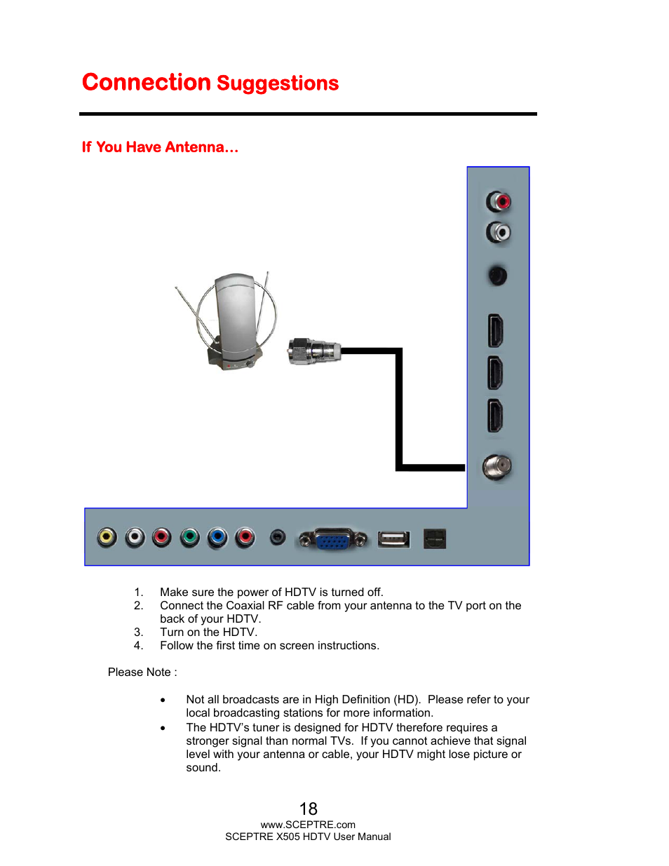 Connection, Suggestions | Sceptre E505BV-FMQR User Manual | Page 18 / 58