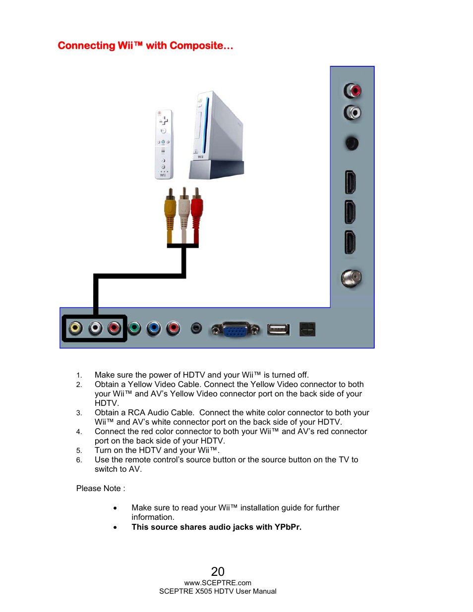 Connecting wii™ with composite | Sceptre E505BV-FMQR User Manual | Page 20 / 58