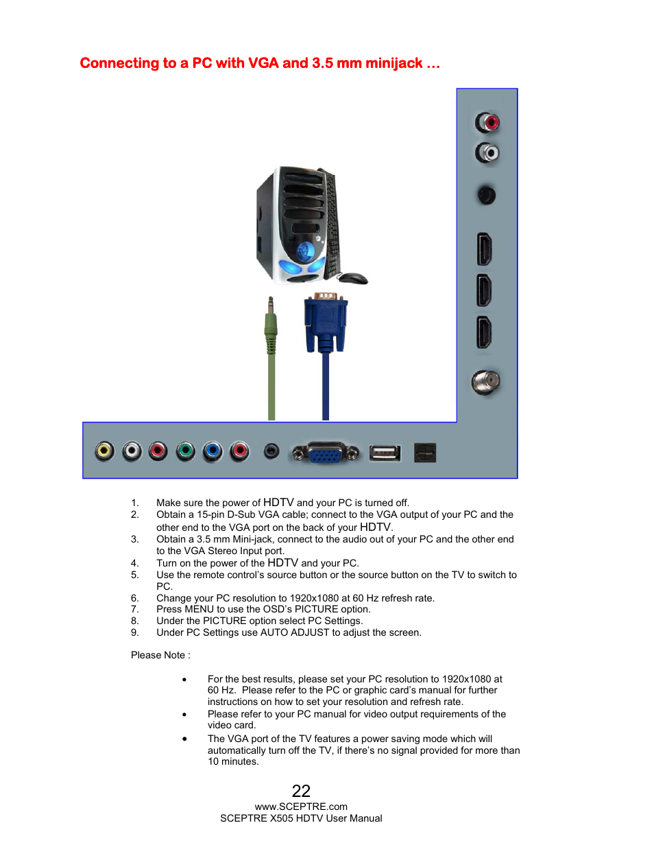 Connecting to a pc with vga and 3.5 mm minijack | Sceptre E505BV-FMQR User Manual | Page 22 / 58