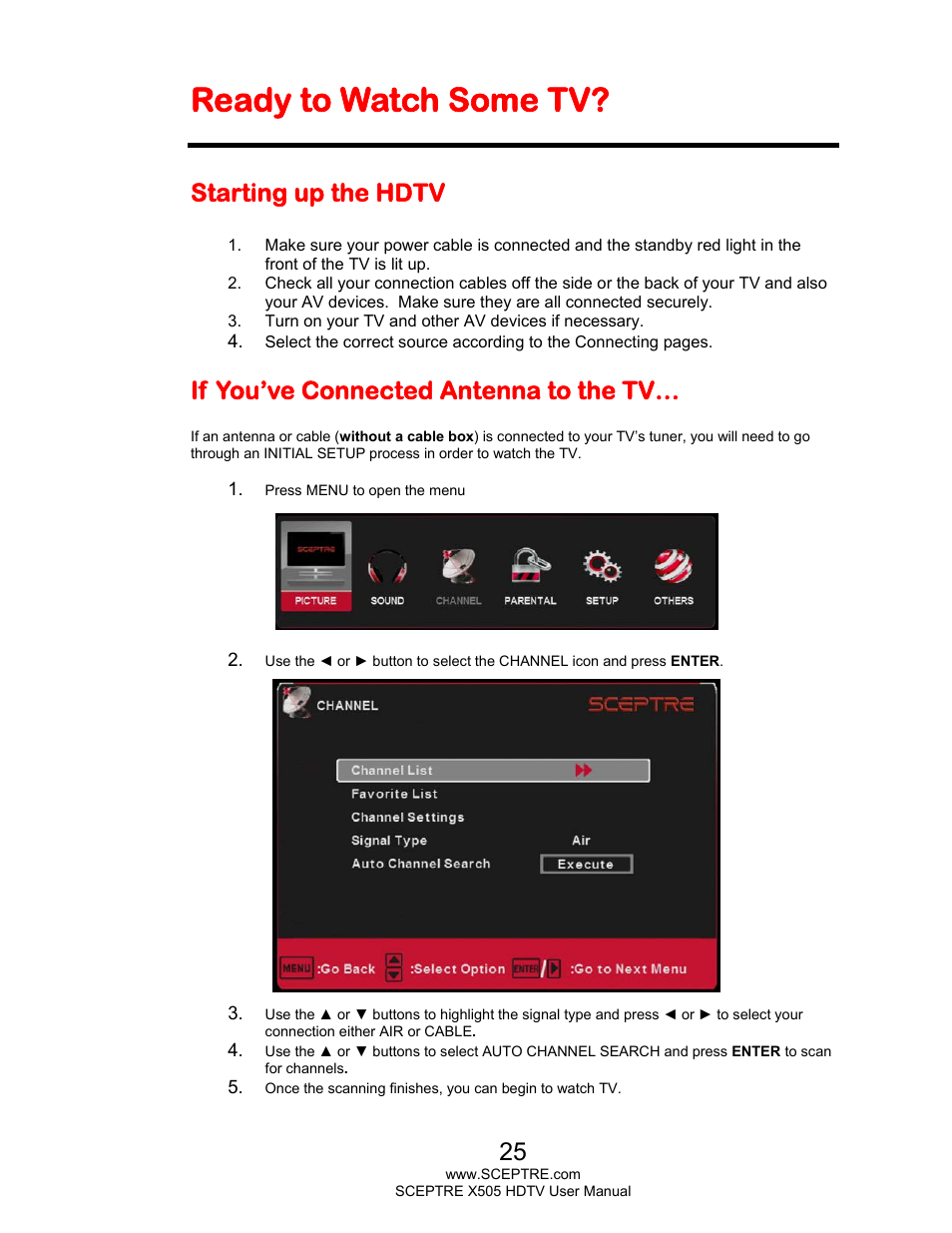 Ready to watch some tv, Starting up the hdtv, If you’ve connected antenna to the tv | Sceptre E505BV-FMQR User Manual | Page 25 / 58